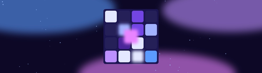 2048 banner: the game's pattern in blue and purple neon on a deep night background.