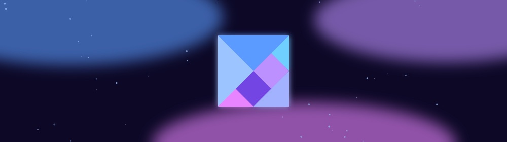 Tangram banner: the game's pattern in blue and purple neon on a deep night background.