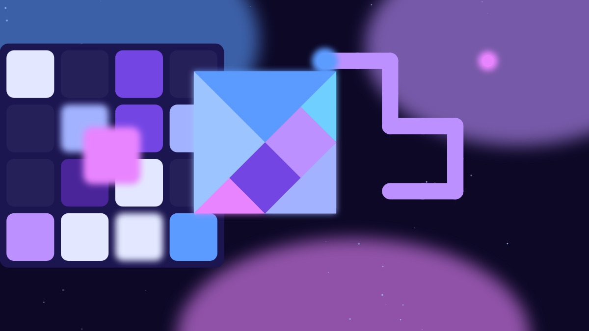 A 2048 grid with blue and purple tiles, a colorful tangram square, and a glowing snake against a starry nebula background.